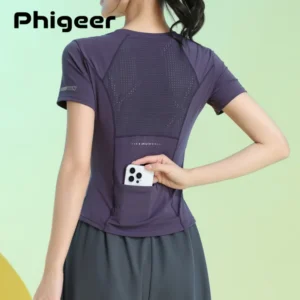 PHIGEER Running T-Shirt Women Summer Lightweight Slim Fit Yoga Tops With Pocket Breathable Quick Dry Workout Shirt Gym Clothes PHIGEER Running T-Shirt Women Summer Lightweight Slim Fit Yoga Tops With Pocket Breathable Quick Dry Workout Shirt Gym Clothes